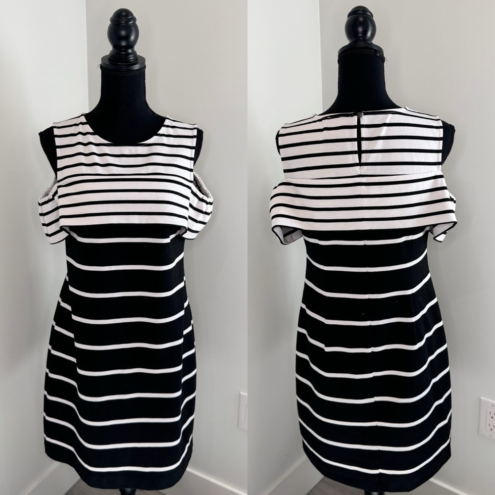 Vince Camuto Black and White Stripe Formal Business Midi Dress (Sz 8)